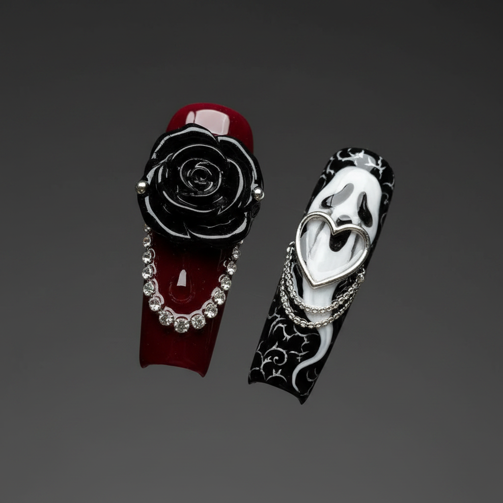 Gothic 3D rose silver chain close-up custom press-on nails dark dramatic — LuxepressCo