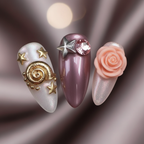Macro close-up 3D gold spiral snail shell mauve chrome rose jelly custom press-on nails detail — LuxepressCo