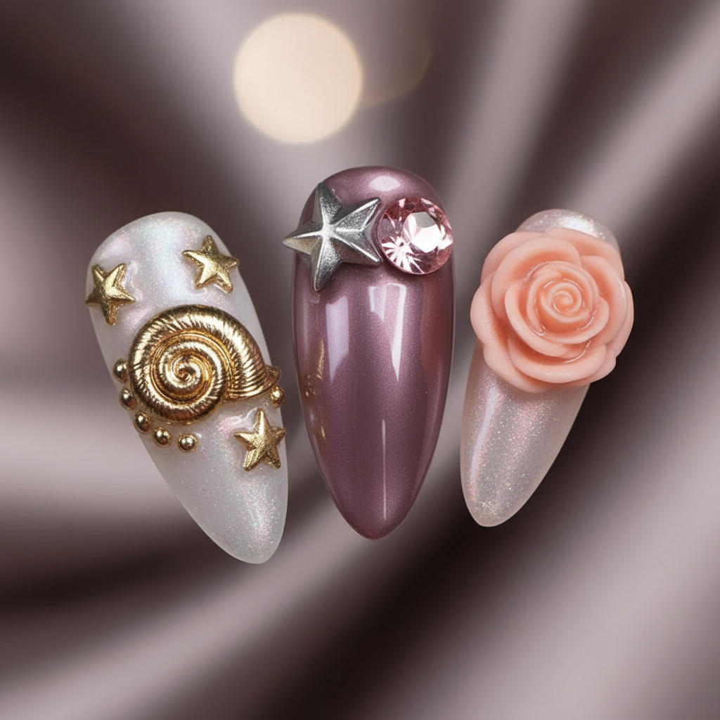 Macro close-up 3D gold spiral snail shell mauve chrome rose jelly custom press-on nails detail — LuxepressCo