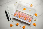 Luxury unboxing acrylic box matte pink orange glitter floral press-on nails with accessories — LuxepressCo