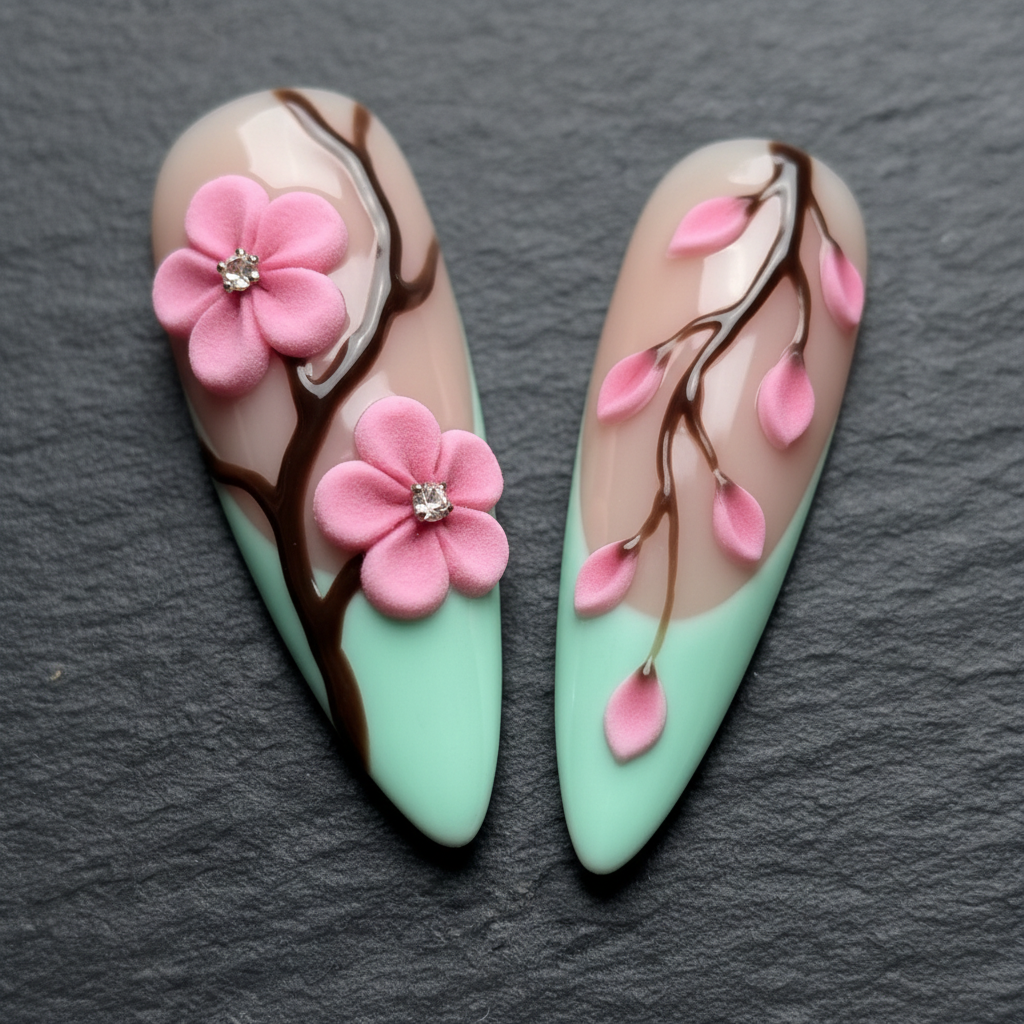 Macro close-up 3D sakura pink rhinestone custom press-on nails dark background — LuxepressCo