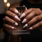 Dark skin hands holding perfume bottle wearing zebra floral custom press-on nails — LuxepressCo