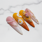Macro 3D white daisy gold baroque frame rhinestone amber yellow custom press-on nails marble — LuxepressCo