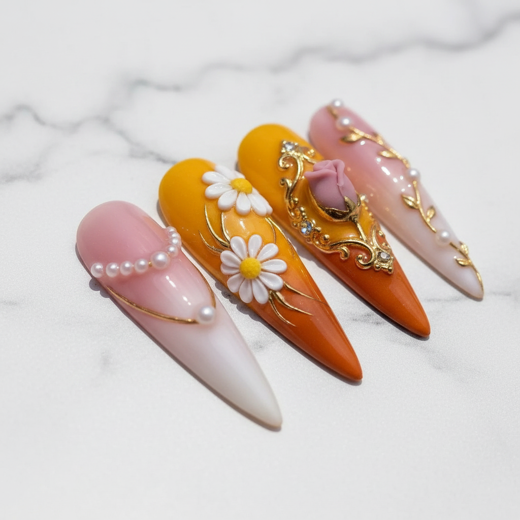 Macro 3D white daisy gold baroque frame rhinestone amber yellow custom press-on nails marble — LuxepressCo