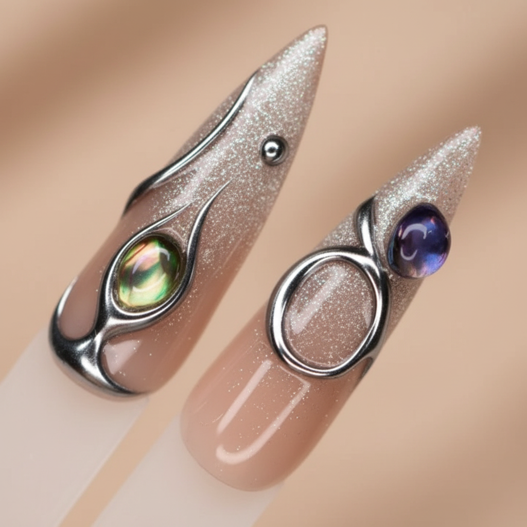 Macro close-up silver chrome liquid metal wire and iridescent abalone gem salon-quality press-on nails nude beige — LuxepressCo