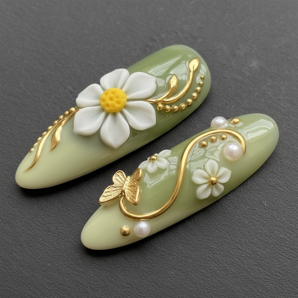 3D white daisy gold butterfly macro custom press-on nails sage green — LuxepressCo