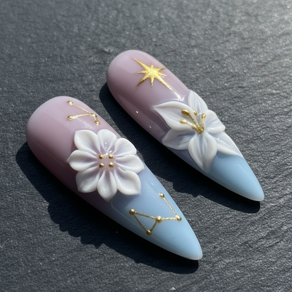 Macro close-up 3D white porcelain flower gold crescent moon custom press-on nails dramatic lighting — LuxepressCo