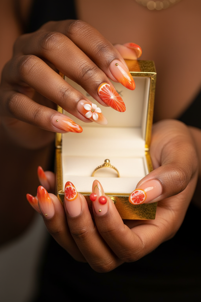 Dark skin hands wearing Valencia bloom 3D orange floral custom press-on nails holding luxury gold ring box — LuxepressCo