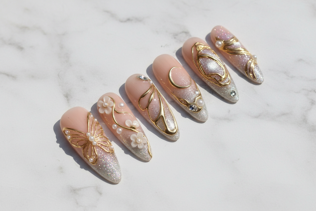 Gold butterfly moon 3D custom press-on nails full set on marble background — LuxepressCo