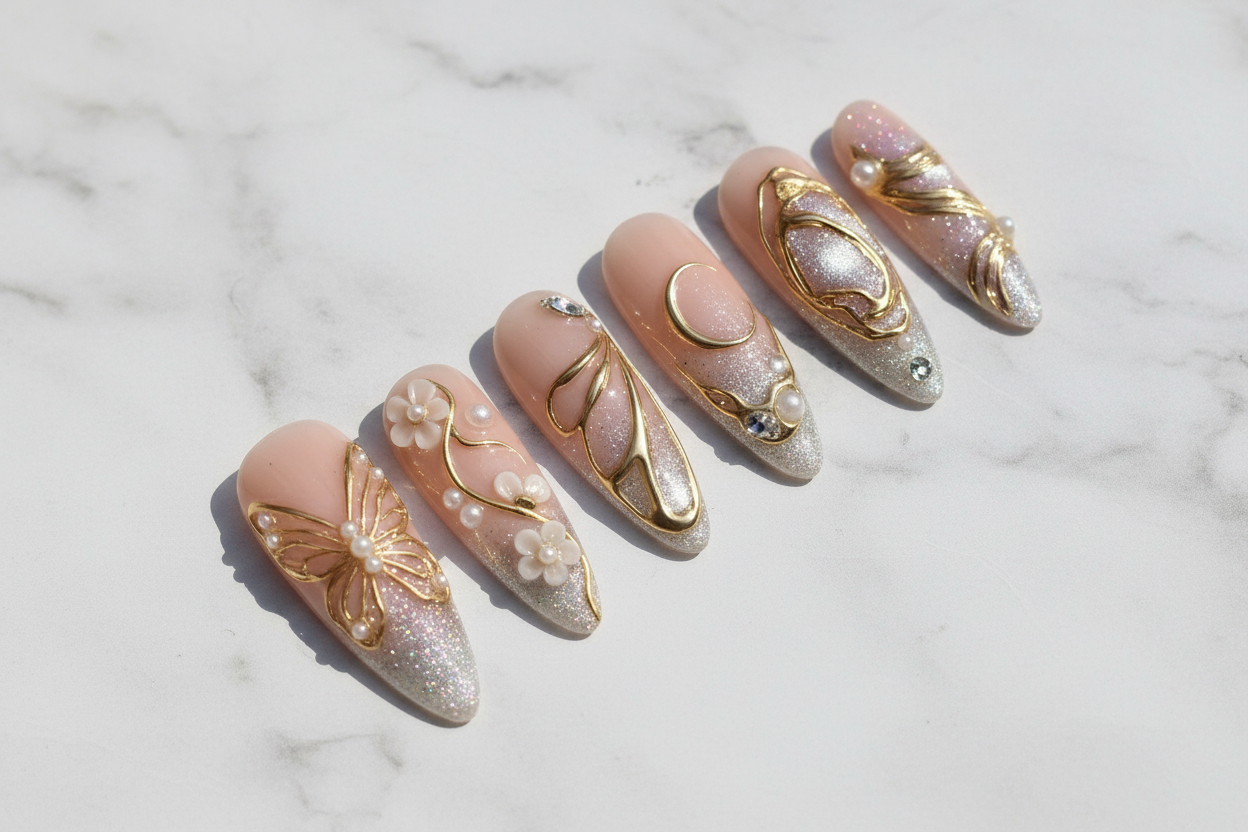 Gold butterfly moon 3D custom press-on nails full set on marble background — LuxepressCo