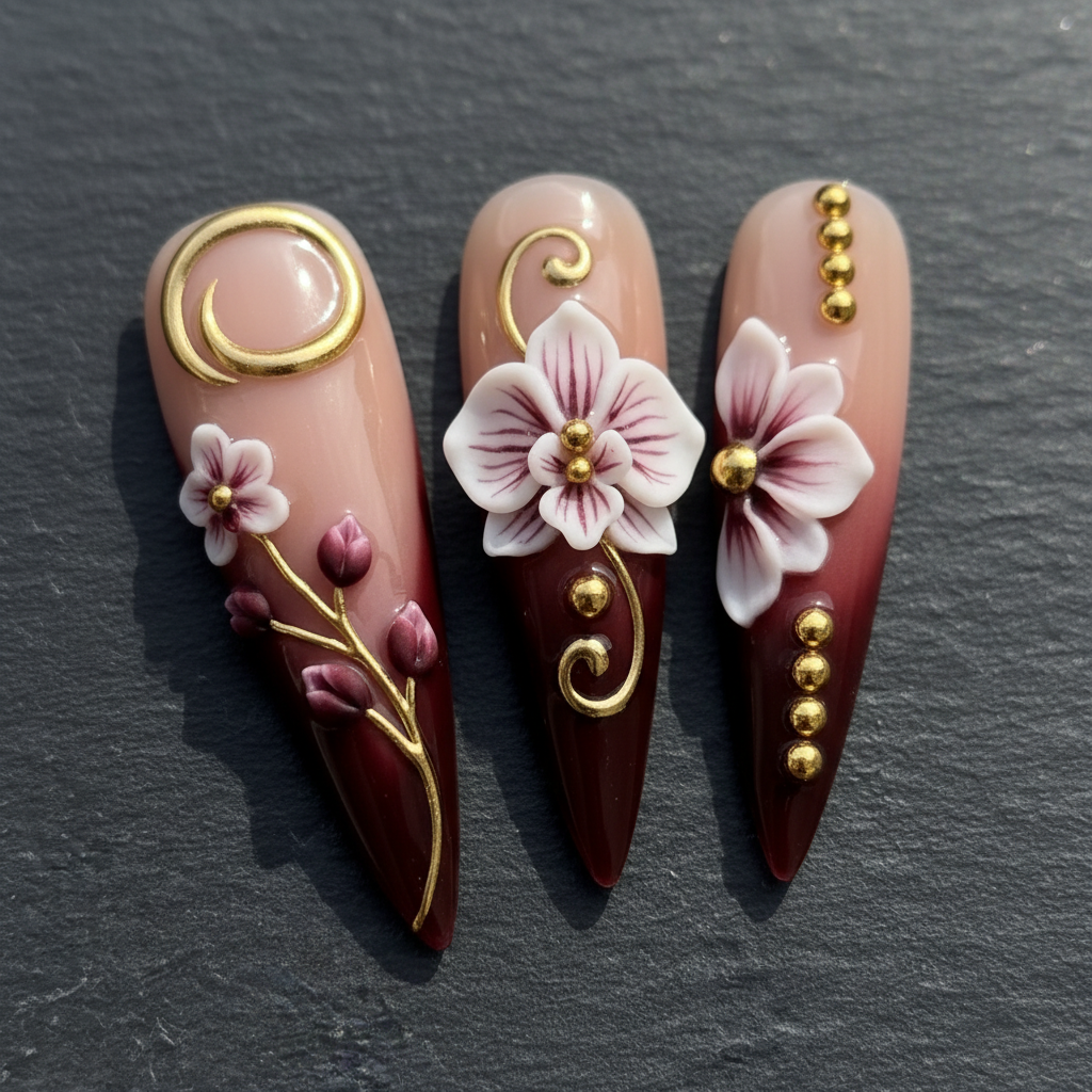 Macro close-up 3D white orchid floral burgundy stiletto custom press-on nails gold swirl dramatic lighting — LuxepressCo
