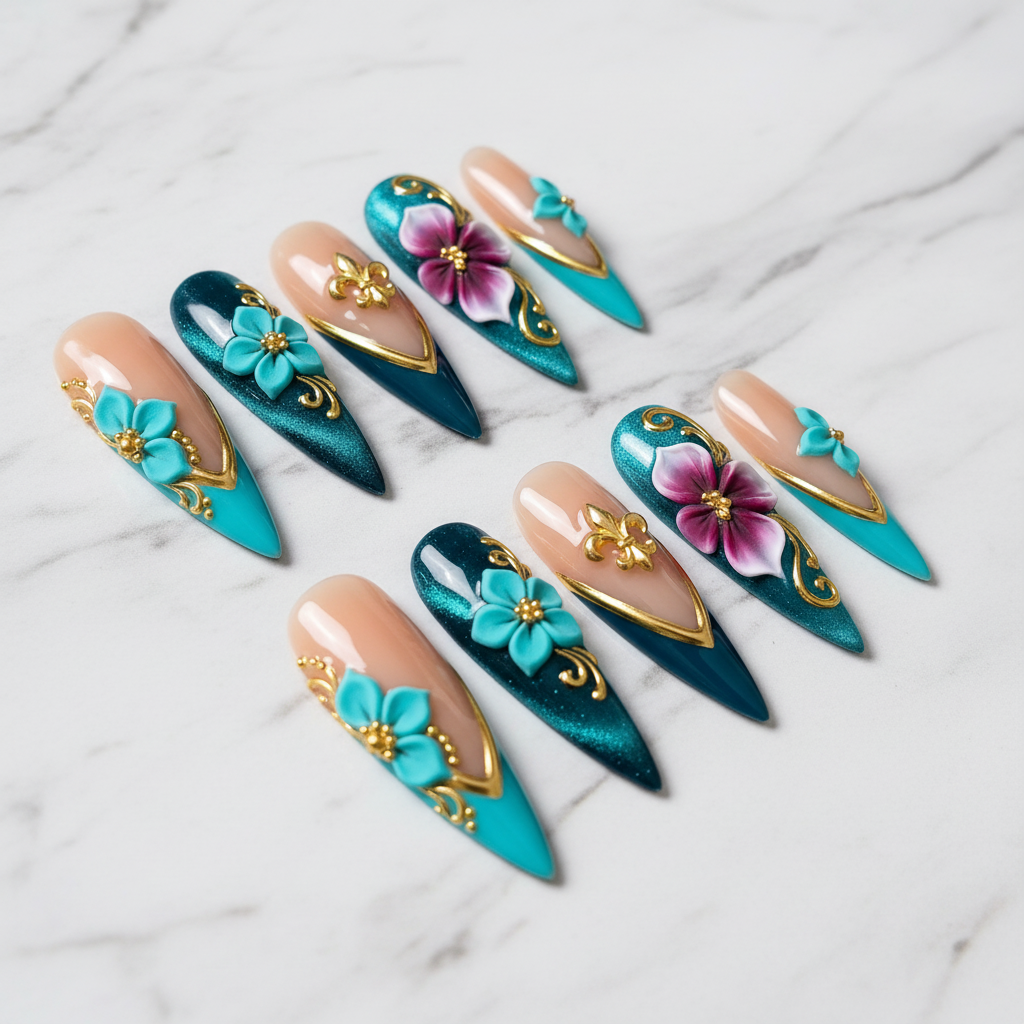 Full set 10 teal gold baroque stiletto custom press-on nails on marble background — LuxepressCo
