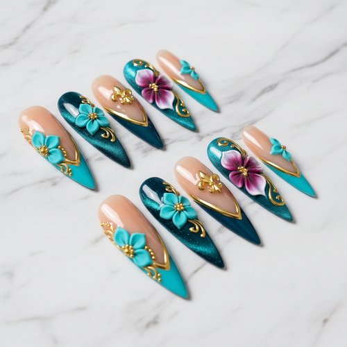 Full set 10 teal gold baroque stiletto custom press-on nails on marble background — LuxepressCo