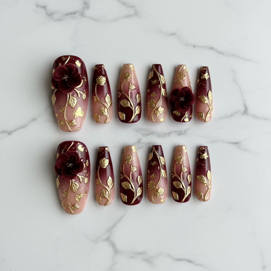 Flat lay top-down full set 10 burgundy gold 3D floral custom press-on nails white marble — LuxepressCo