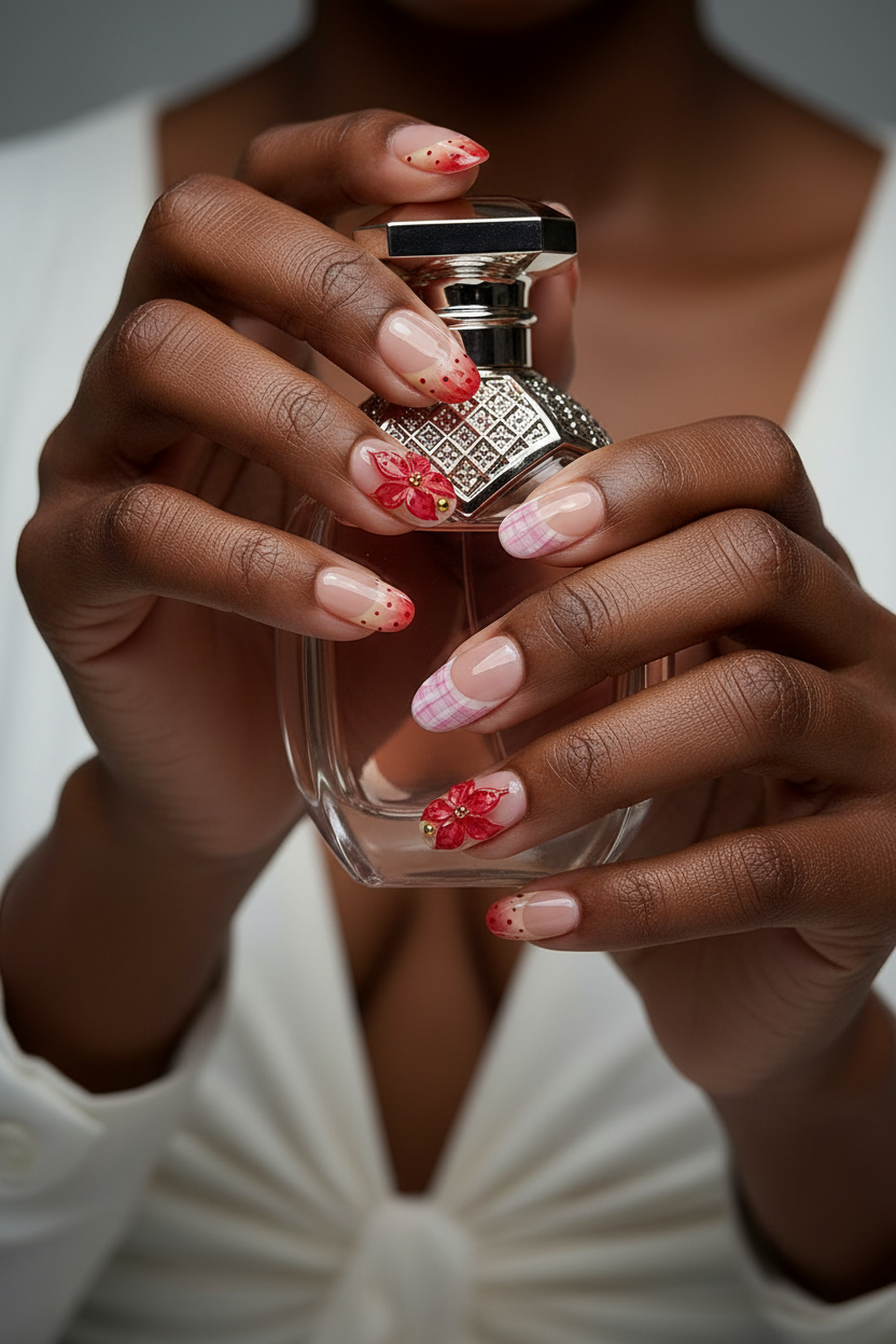 Red Floral Press-On Nails lifestyle dark skin