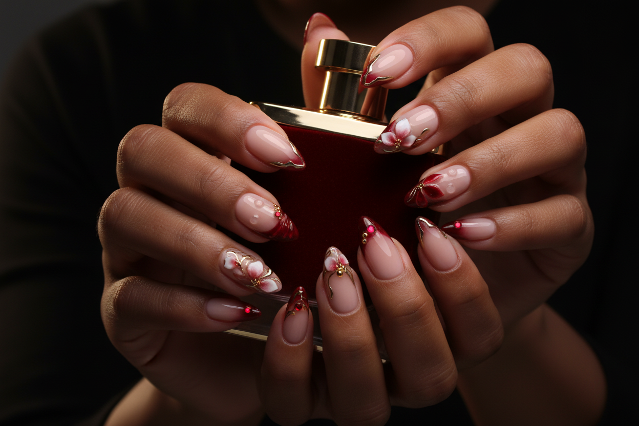 Dark skin hands holding red velvet perfume wearing red magnolia custom press-on nails dark romance — LuxepressCo