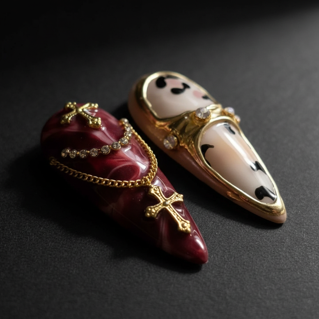 Close-up macro burgundy marble gold chain rhinestone cross charm pendant stiletto custom press-on nails dramatic — LuxepressCo
