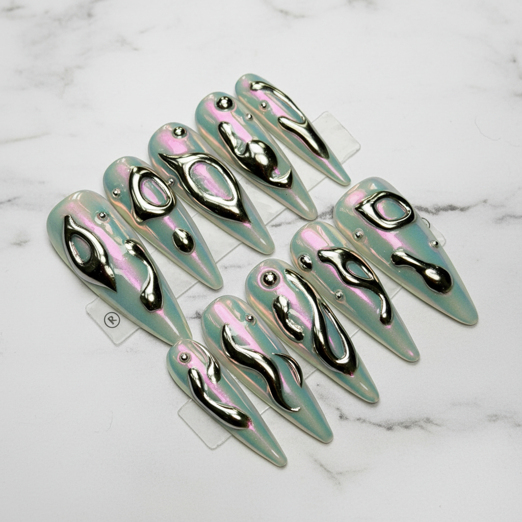 Aurora chrome 3D liquid metal stiletto press-on nails full set on white marble studio — LuxepressCo