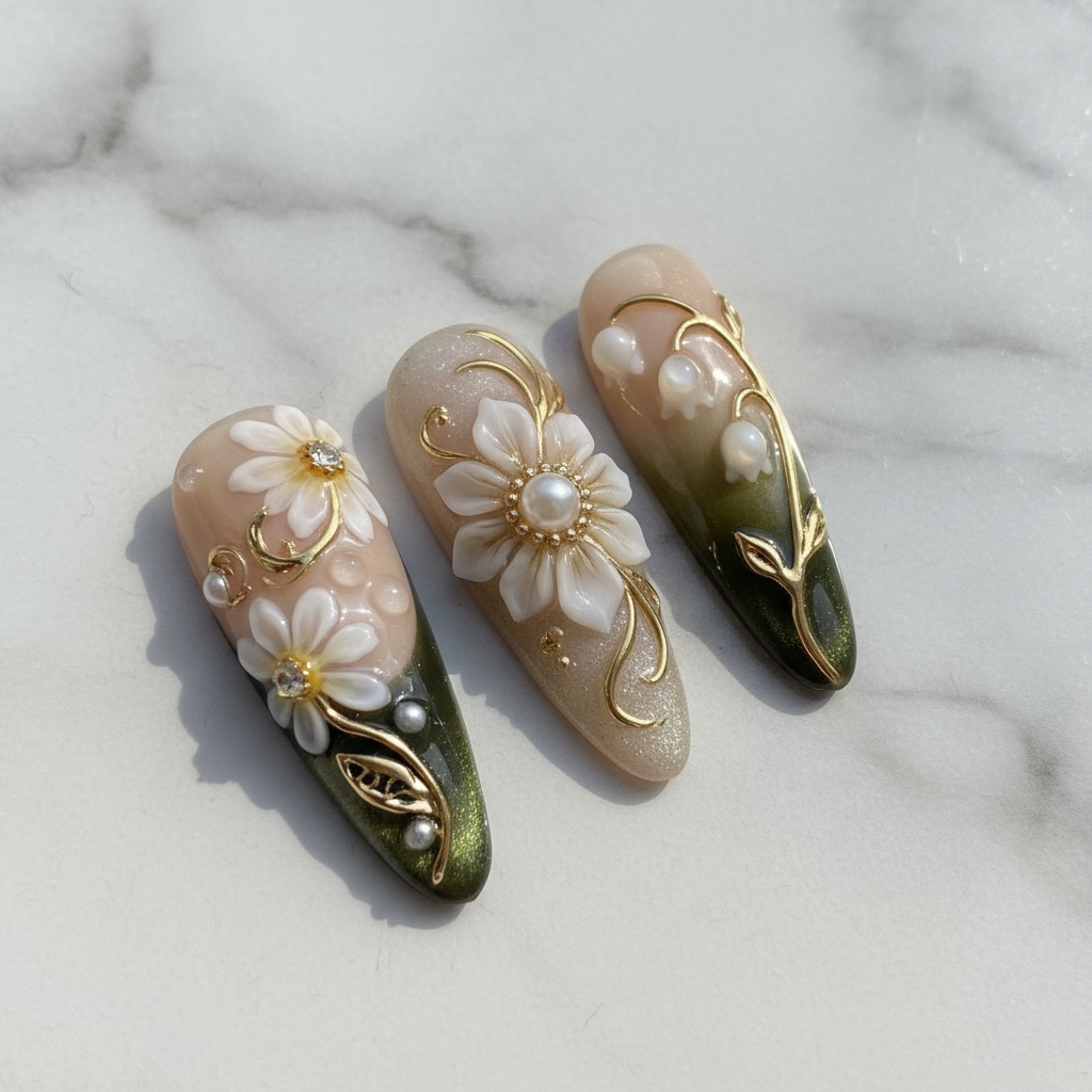 Close-up floral almond press-on nails olive green nude gradient lily of the valley — LuxepressCo