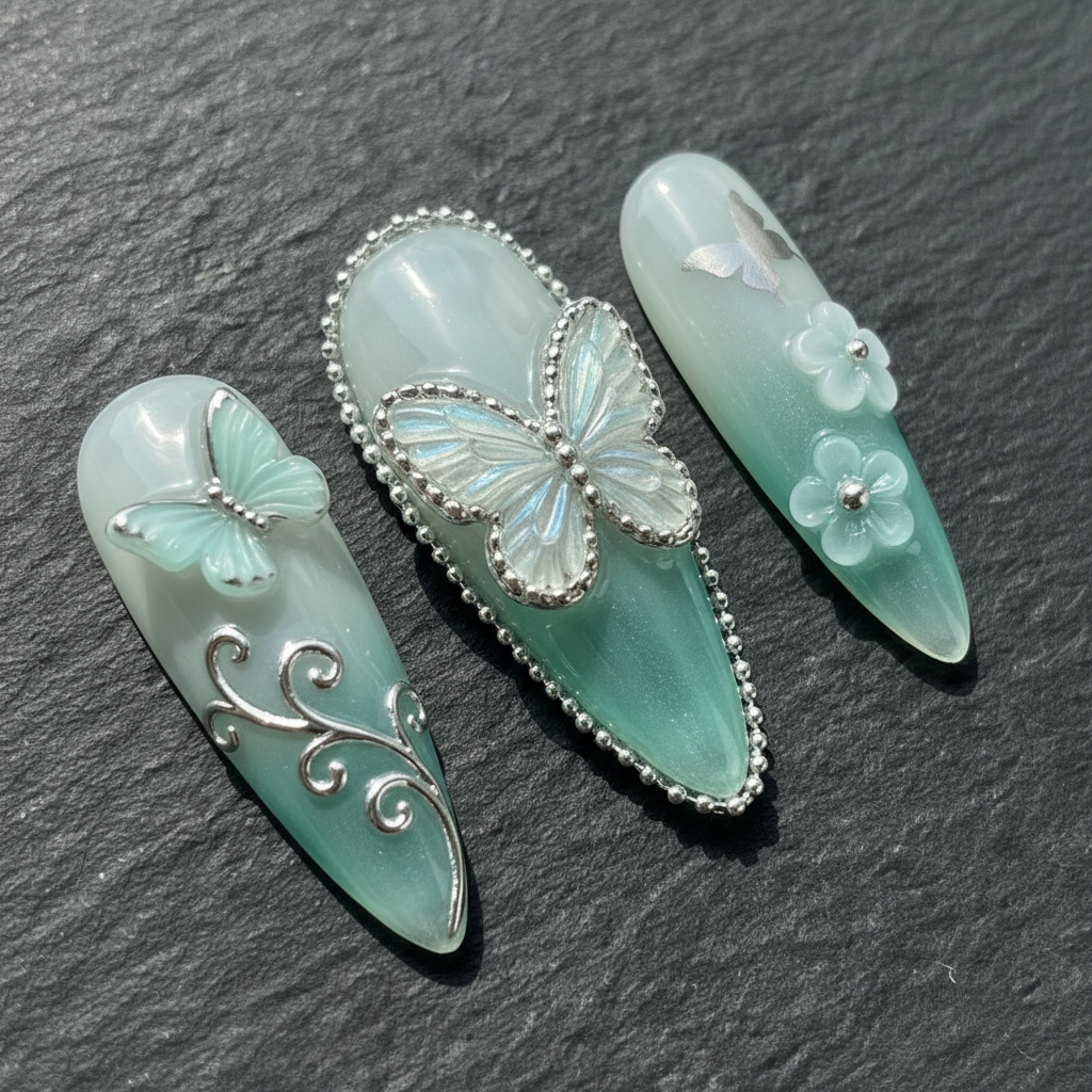 Macro close-up 3D silver chrome butterfly mint green custom press-on nails dramatic lighting — LuxepressCo