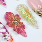 Macro close-up 3D hot pink hibiscus and aurora tropical salon-quality press-on nails — LuxepressCo