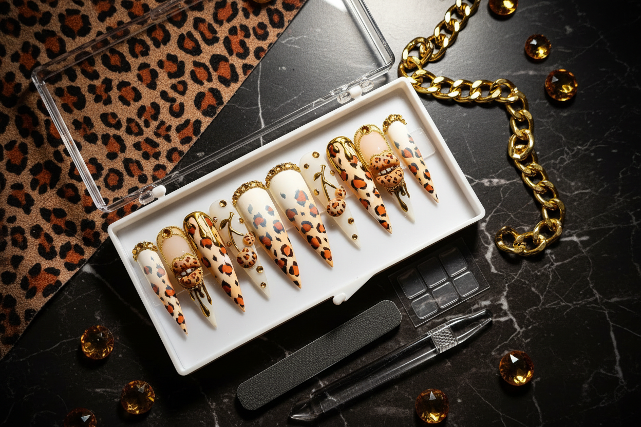 Luxury unboxing acrylic box leopard print gold chrome drip crown stiletto press-on nails with accessories — LuxepressCo