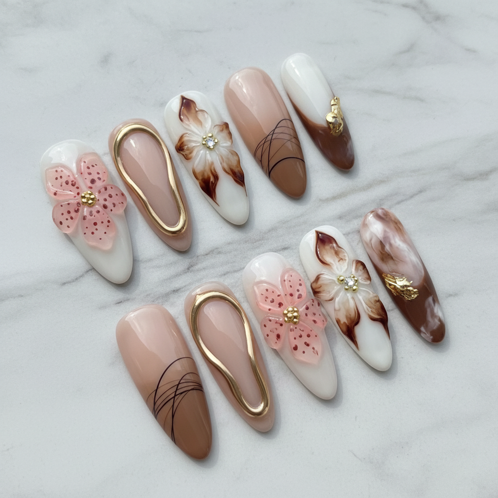Full set 10 nude brown 3D floral chrome press-on nails on marble background custom press-on nails — LuxepressCo