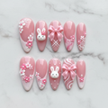 3D bunny bow floral coquette pink press-on nails hero shot white marble studio custom press-on nails — LuxepressCo