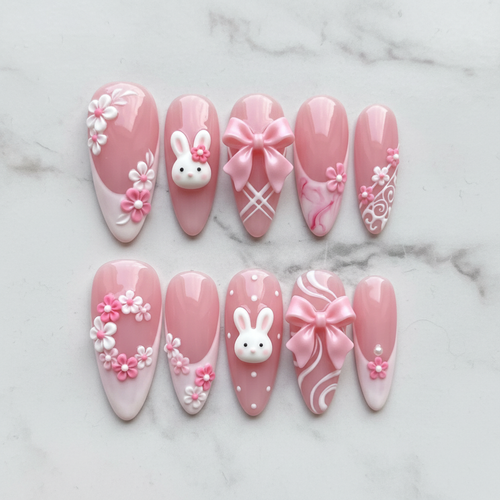 3D bunny bow floral coquette pink press-on nails hero shot white marble studio custom press-on nails — LuxepressCo