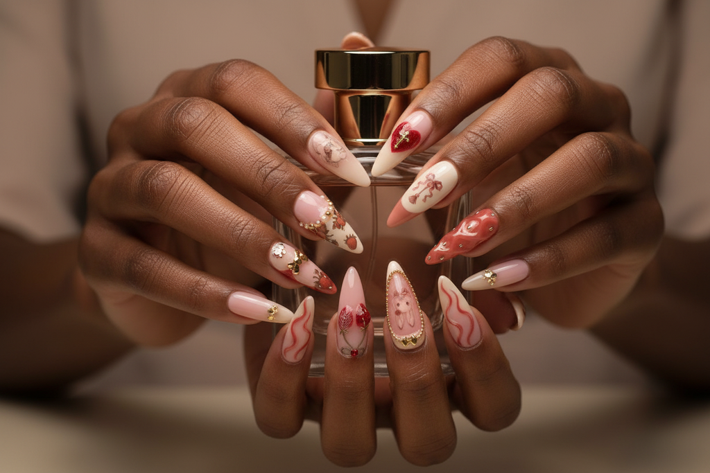 Dark skin hands holding perfume bottle wearing vintage romance custom press-on nails — LuxepressCo