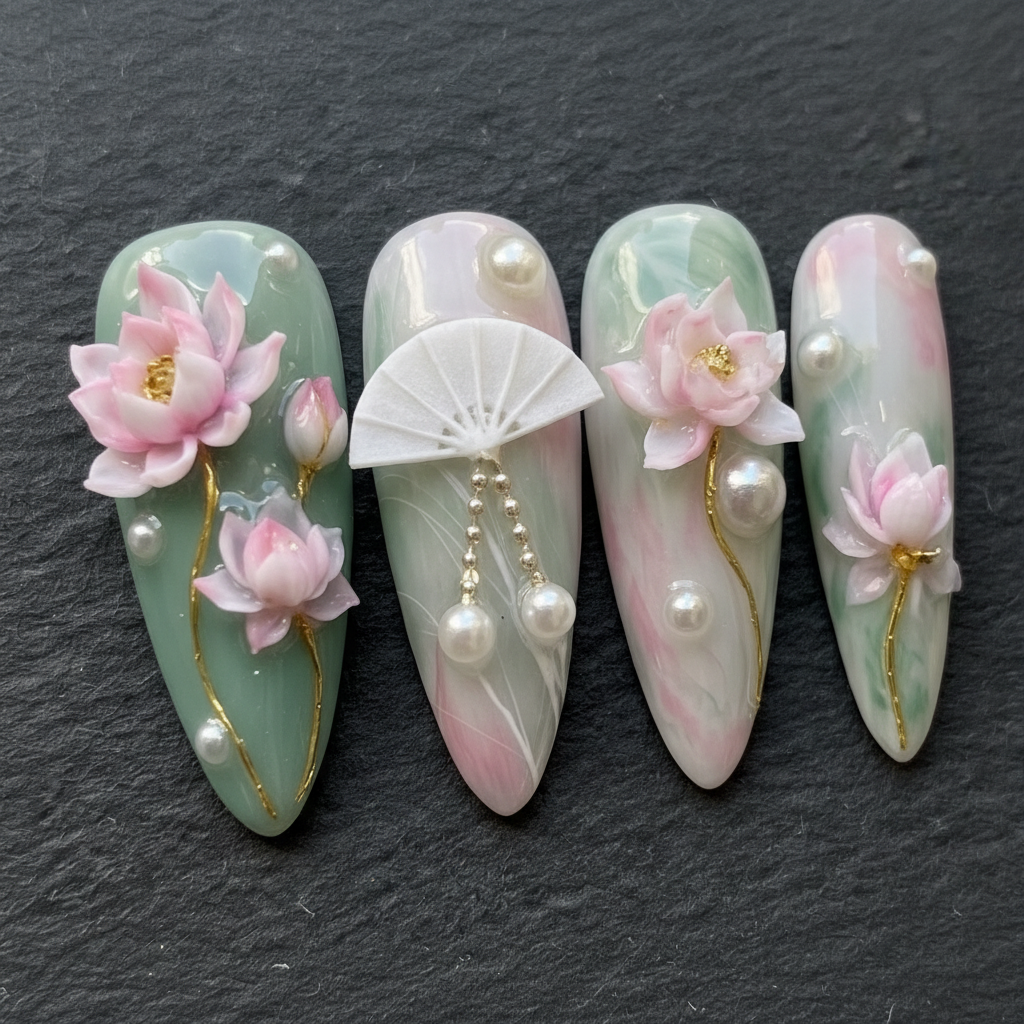 Macro close-up 3D pink lotus pearl embellishment press-on nails dramatic lighting custom press-on nails — LuxepressCo