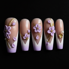 Close-up macro 3D lavender purple flower cluster gold bead center gold vine branch coffin custom press-on nails dramatic — LuxepressCo
