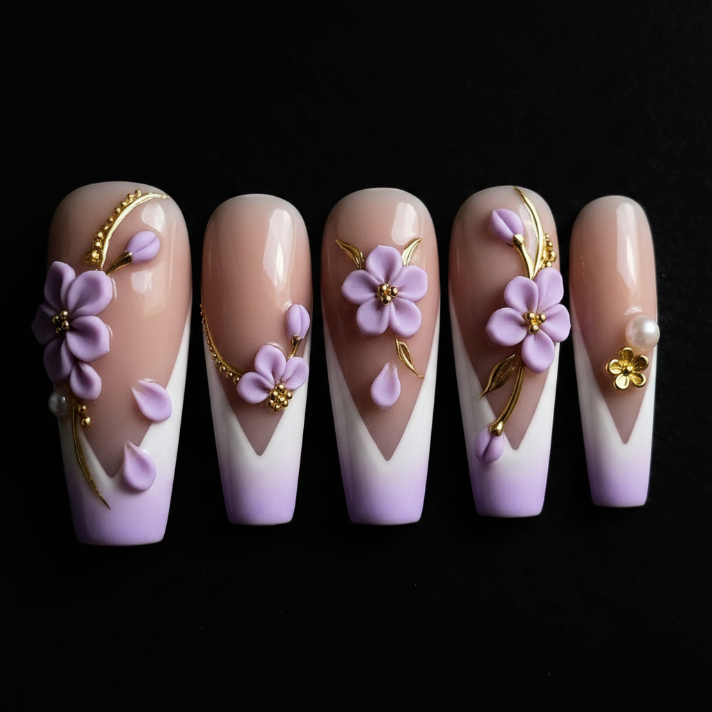 Close-up macro 3D lavender purple flower cluster gold bead center gold vine branch coffin custom press-on nails dramatic — LuxepressCo