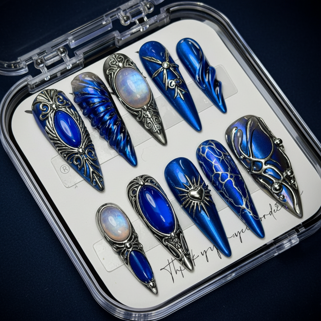 Royal blue chrome gothic wing sapphire cabochon custom press-on nails full set on dark navy — LuxepressCo