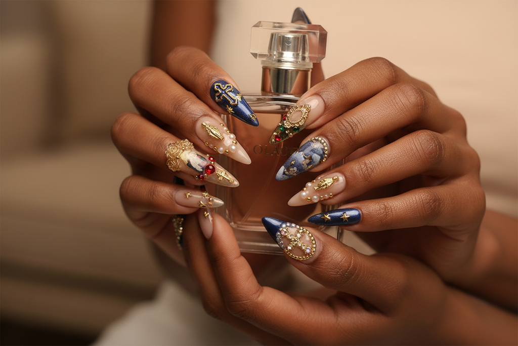 Dark-skin hands wearing baroque angel cross gold gem custom press-on nails holding perfume — LuxepressCo