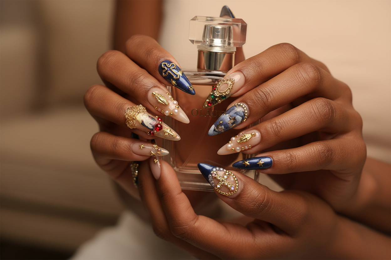Dark-skin hands wearing baroque angel cross gold gem custom press-on nails holding perfume — LuxepressCo