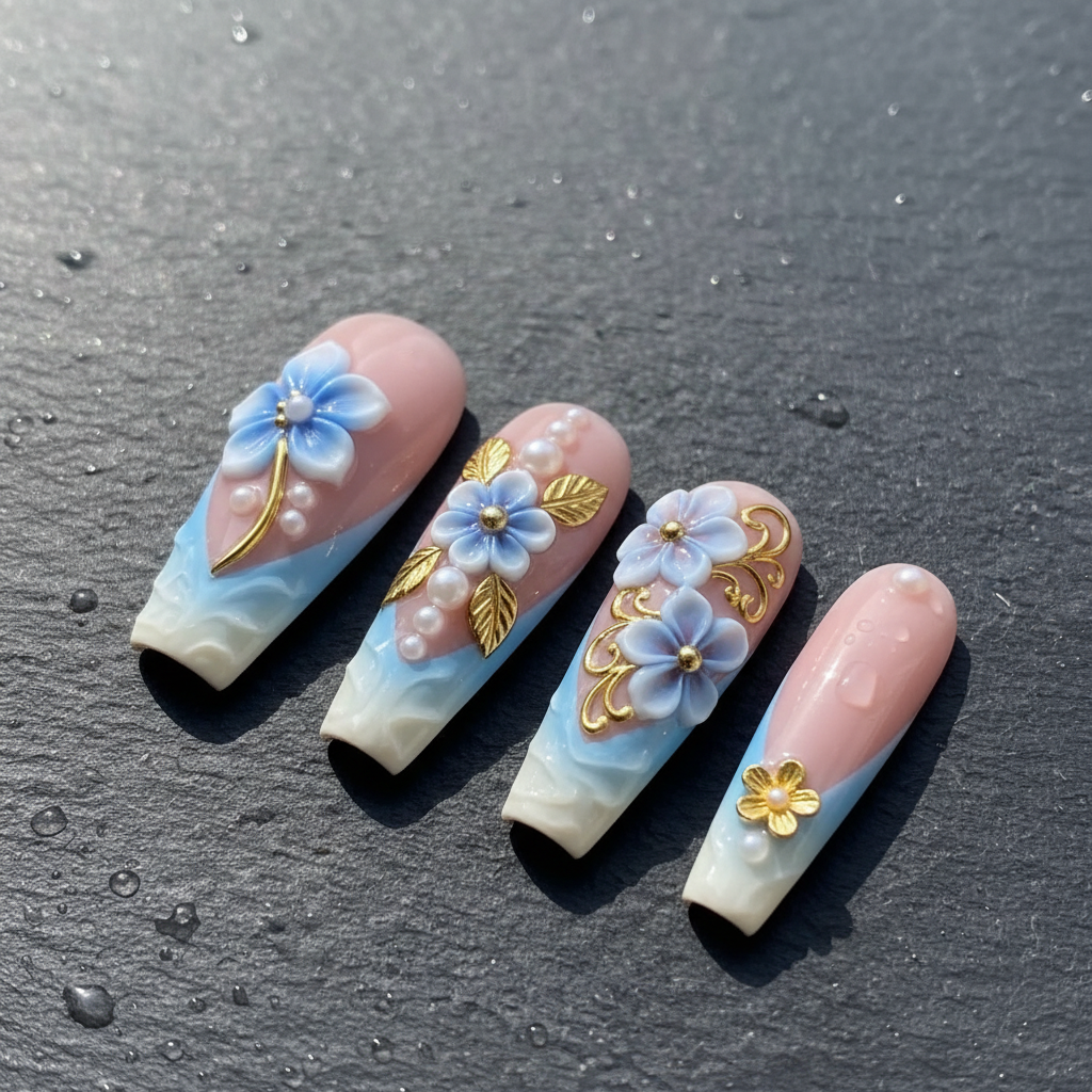 Close-up macro 3D blue flower pearl center gold leaf vine blush ombre custom press-on nails dramatic — LuxepressCo