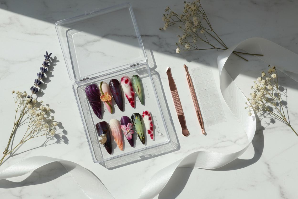 Luxury acrylic box unboxing custom press-on nails purple floral with accessories — LuxepressCo