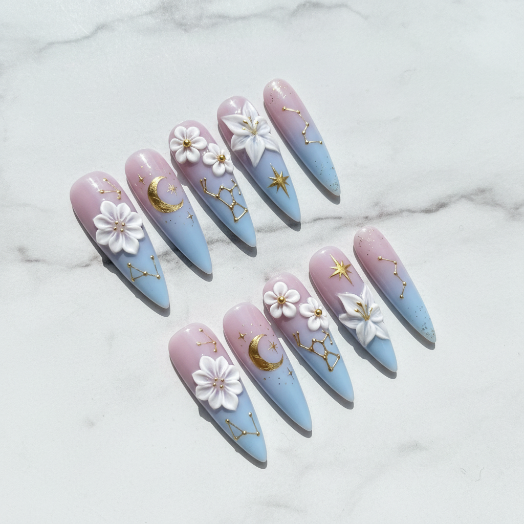 Celestial 3D flower moon constellation ombre press-on nails hero shot white marble studio custom press-on nails — LuxepressCo
