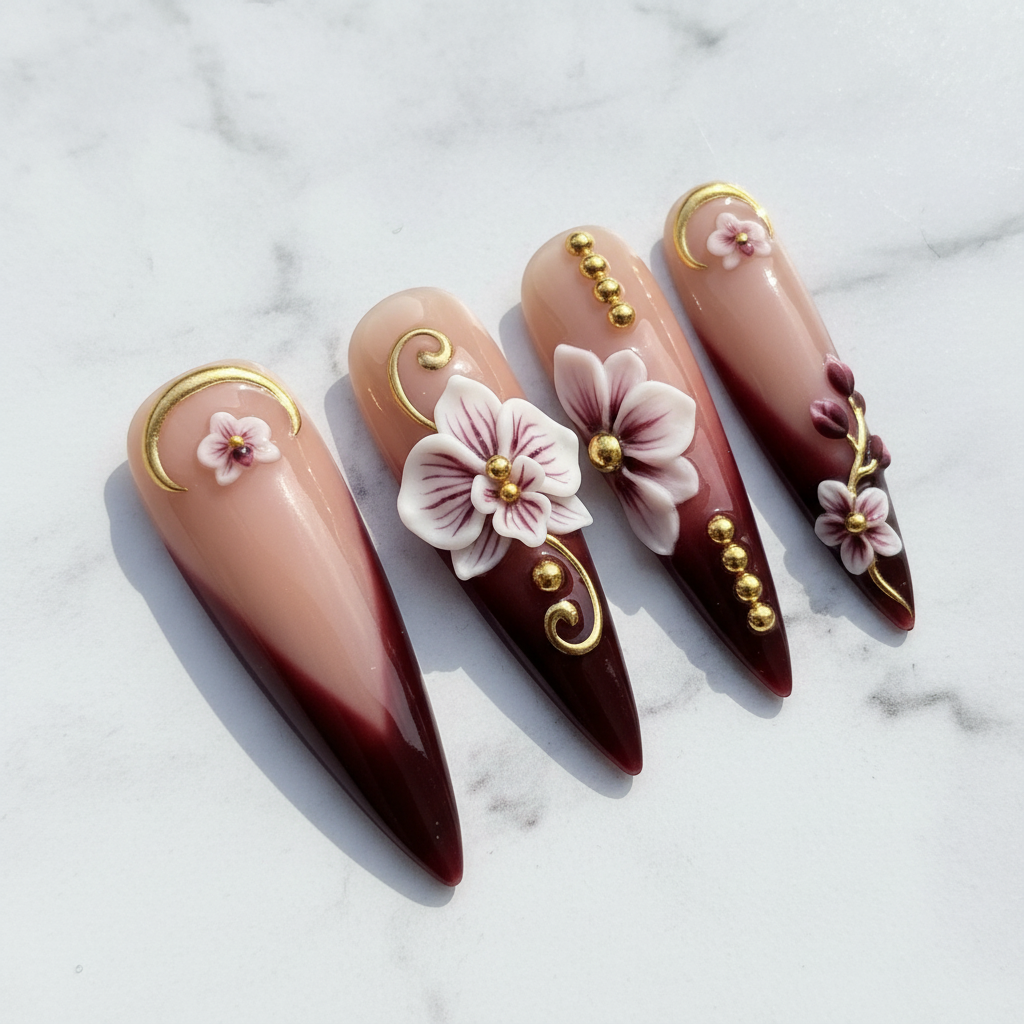 Macro close-up burgundy ombre stiletto press-on nails gold beads cherry blossom buds glossy texture — LuxepressCo