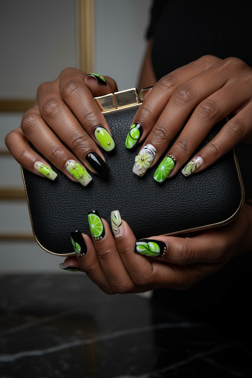Dark skin hands wearing malachite noir square custom press-on nails holding black gold jewelry clutch — LuxepressCo