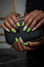 Dark skin hands wearing malachite noir square custom press-on nails holding black gold jewelry clutch — LuxepressCo