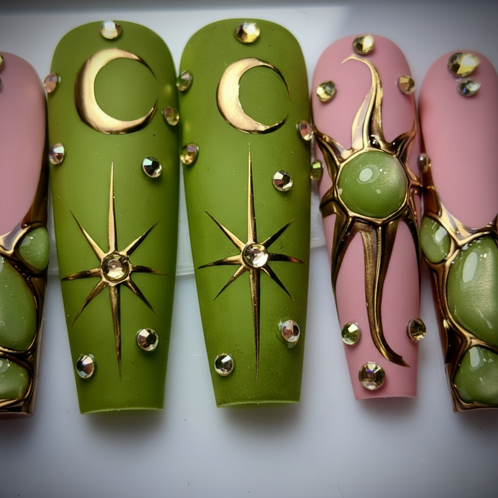 Macro close-up gold crescent moon starburst crystal rhinestone jade gem olive green custom press-on nails — LuxepressCo