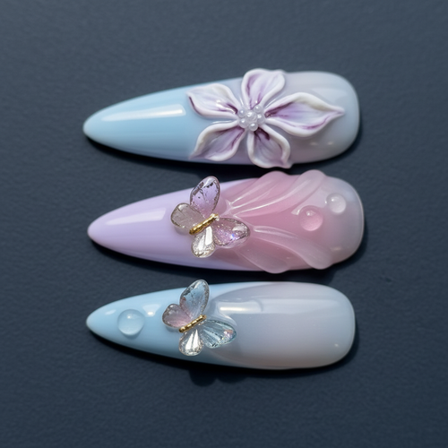 Macro close-up 3D crystal butterfly charm and sculpted flower custom press-on nails pastel blue lavender — LuxepressCo