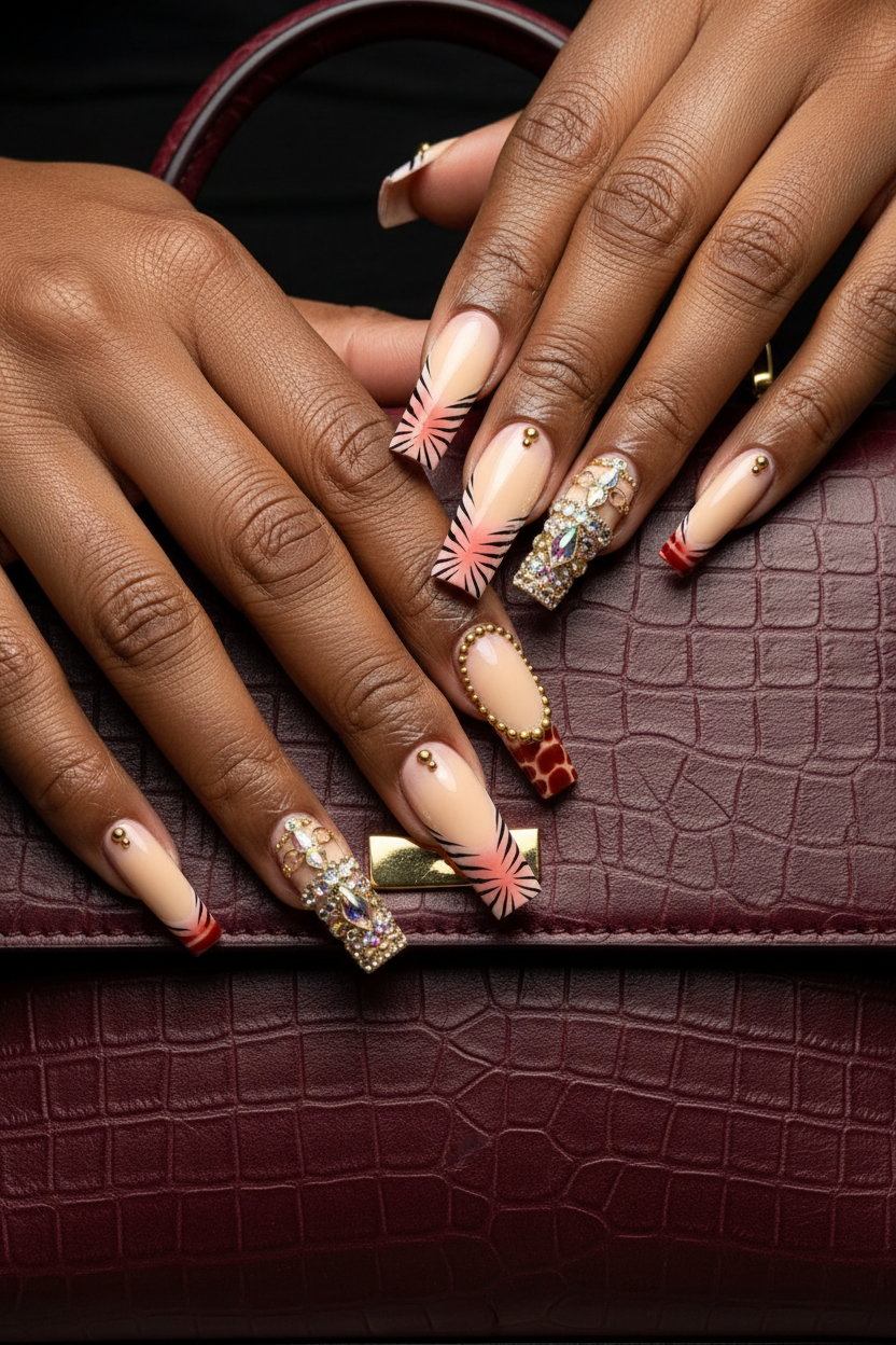 Dark-skin lifestyle nude peach zebra croc gold chain crystal custom press-on nails holding burgundy bag — LuxepressCo