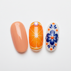 Macro close-up orange citrus starburst cobalt blue folk art floral pearl rhinestone nail art — LuxepressCo