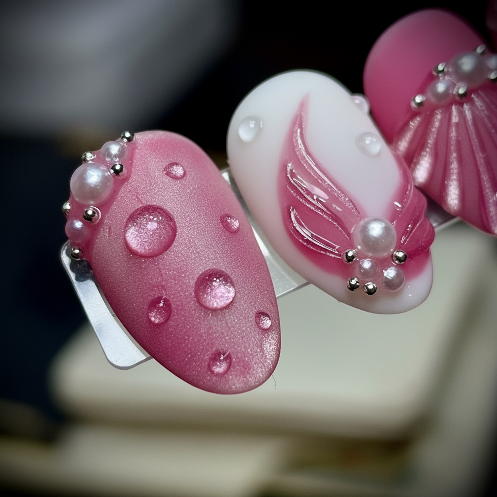 Close-up macro detail of 3D shell nail art with chrome stripes and pearl embellishments