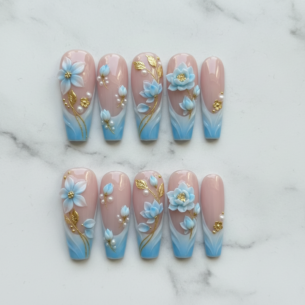 Flat lay top-down full set 10 blue floral coffin press-on nails marble background custom press-on nails — LuxepressCo