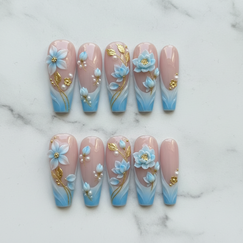 Flat lay top-down full set 10 blue floral coffin press-on nails marble background custom press-on nails — LuxepressCo