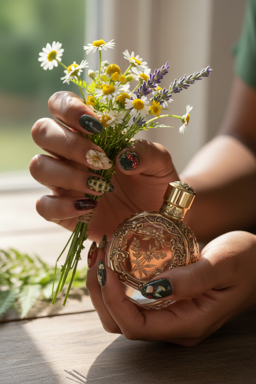 Dark skin lifestyle cottagecore botanical nature custom press-on nails inclusive beauty — LuxepressCo